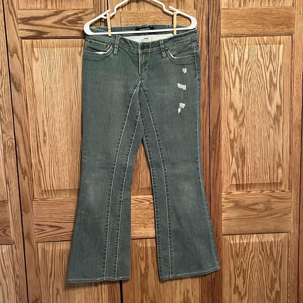 Light-blue flared jeans.